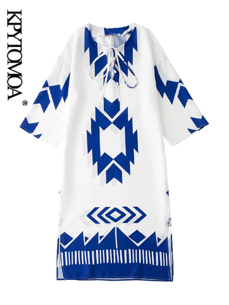 

KPYTOMOA женское модное свободное миди-платье с принтом, винтажное платье с рукавом три четверти и боковыми разрезами, женские платья, Vestidos Mujer