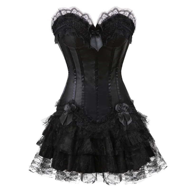 

Women Sexy Lace Corset Satin Striped Bow Corset Top Body Shaper Bustier Women Vintage Mini Tutu Skirt Sets