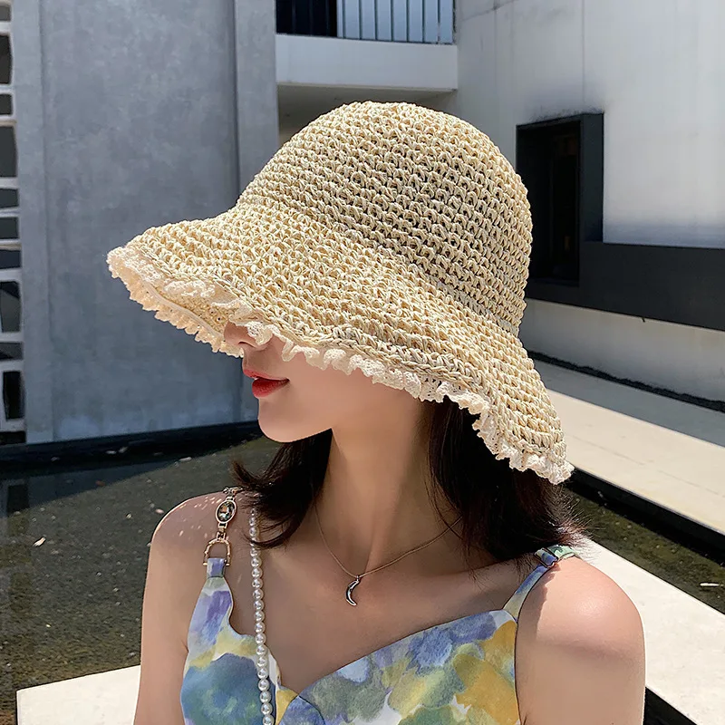 

Японская кружевная соломенная шляпа для женщин, маленькие пляжные Панамы от солнца, складная солнцезащитная Кепка в рыбацком стиле, кепка ...