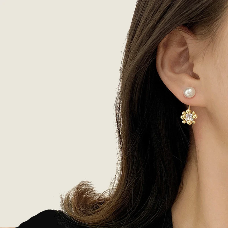 

MOWAMUA Ball Flower Pearl Zirconia Earrings Jewelry Copper Plating 14K Real Gold CZ Korean Accessories Original Gifts for Women