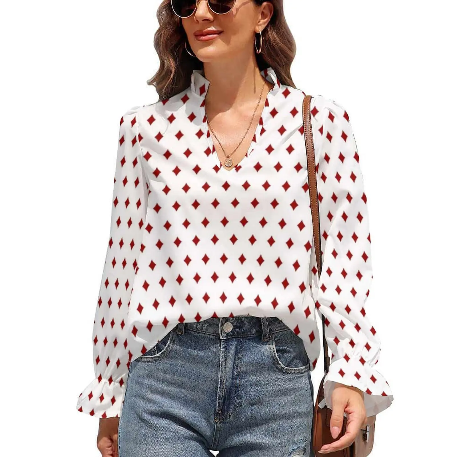 

Red Playing Poker Chiffon Blouse Diamonds Card Suits Pretty Blouses Long Sleeve Street Style Shirts Spring V Neck Print Clothes