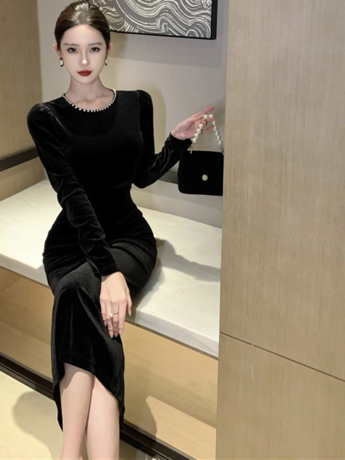 Французский sle Socialite Strong Atmosphere Женская одежда High Cold Royal Sister Sle Super Nice Sense Beads Retro Velvet ...