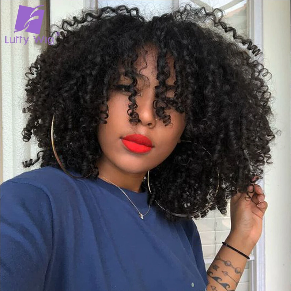 Kinky Curly No Lace Human Hair Glueless Wig Short Curly Afro 4B 4C Human Hair With Bangs Remy Brazilian Full Machine Made Luffy