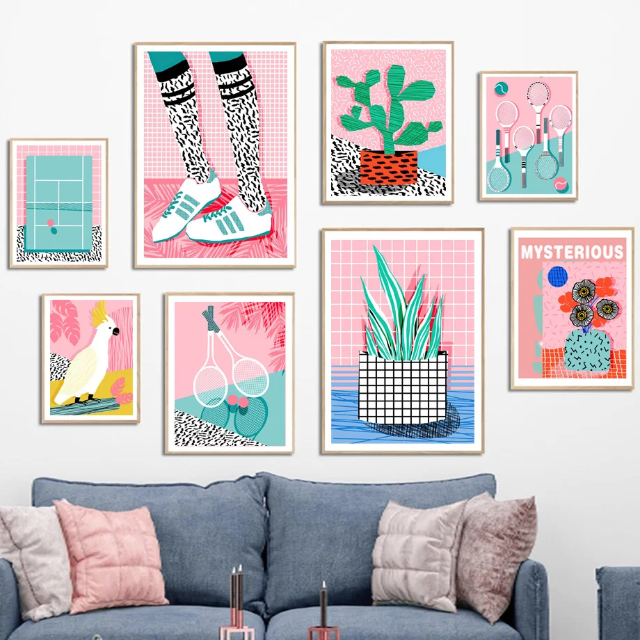 

Cactus Monstera Vase Bird Tennis Abstract Wall Art Canvas Painting Nordic Posters And Prints Wall Pictures For Living Room Decor