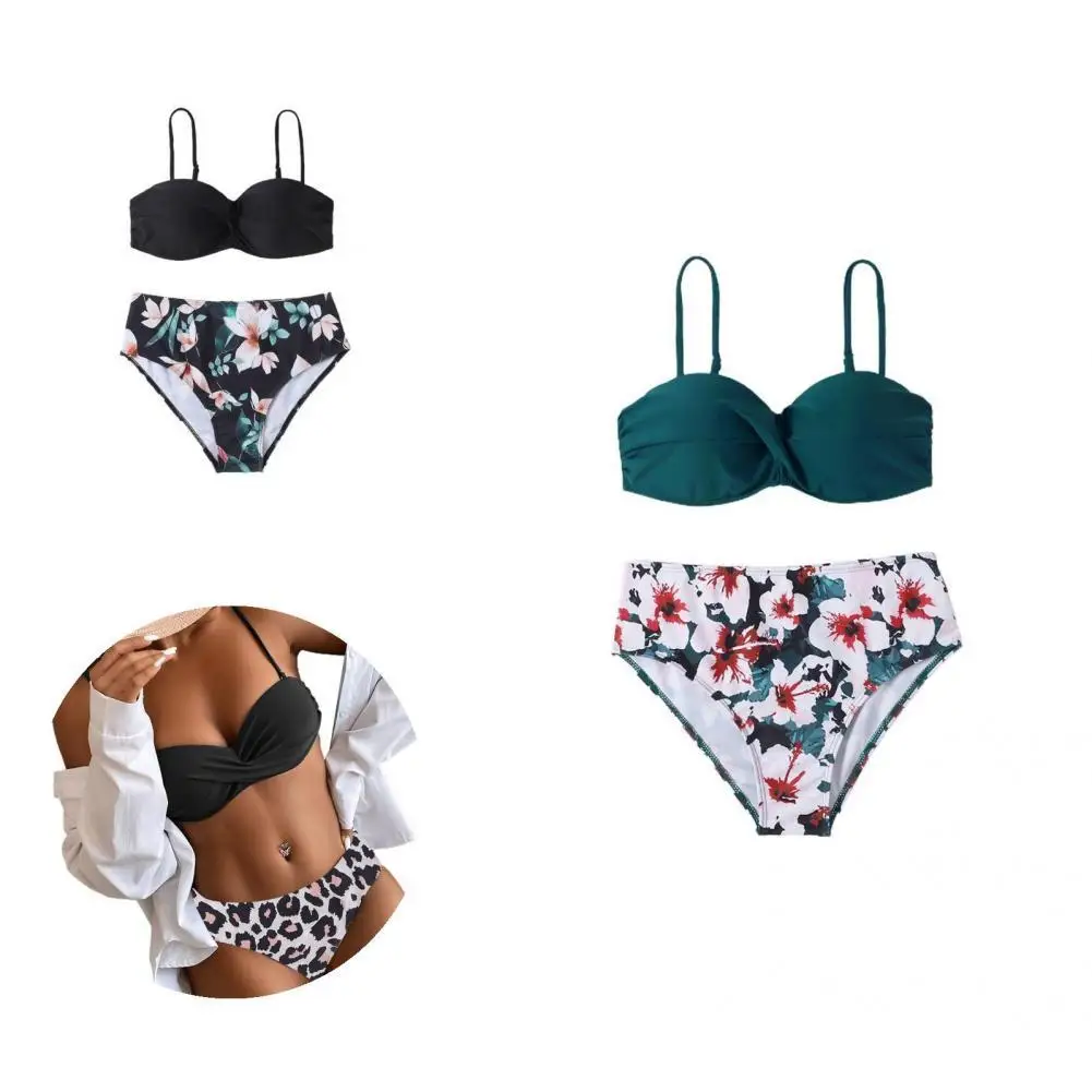

Padded Beachwear Solid Color Bra Leopard Print Briefs Bikini for Vacation