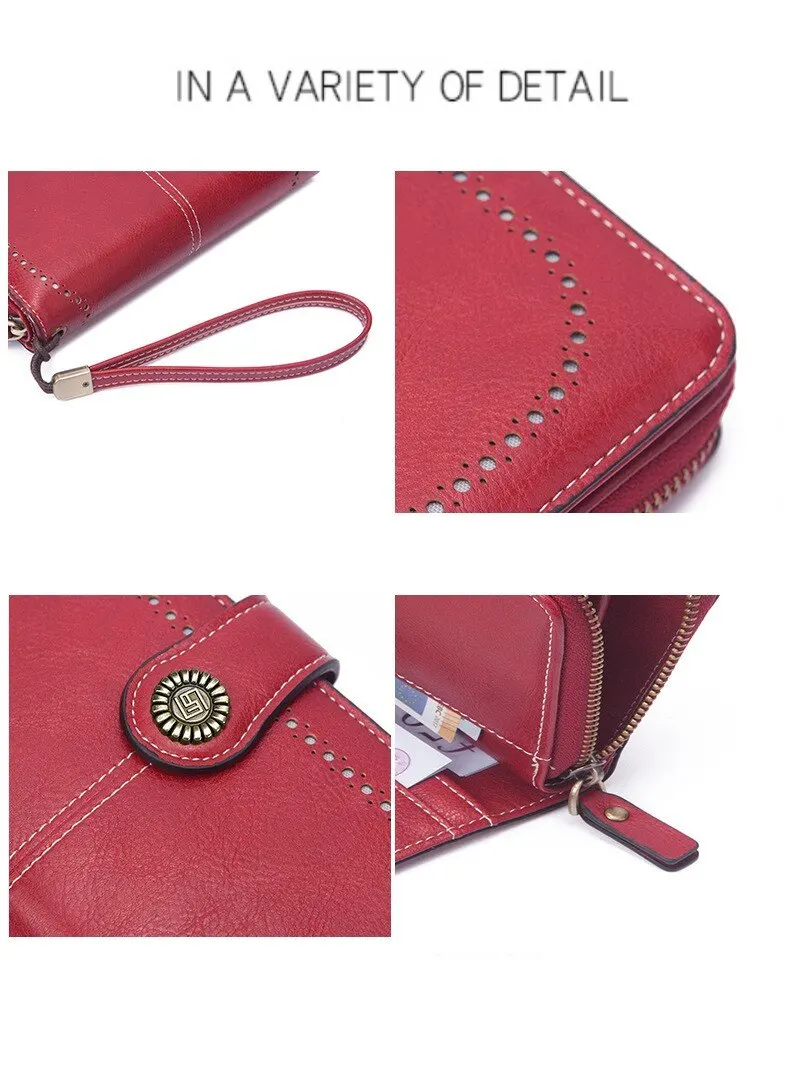 2023 Woman's Long Purse New Vintage Oil Wax Leather Hollow Wallet Large Capacity Mobile Phone Bag Female Wallet