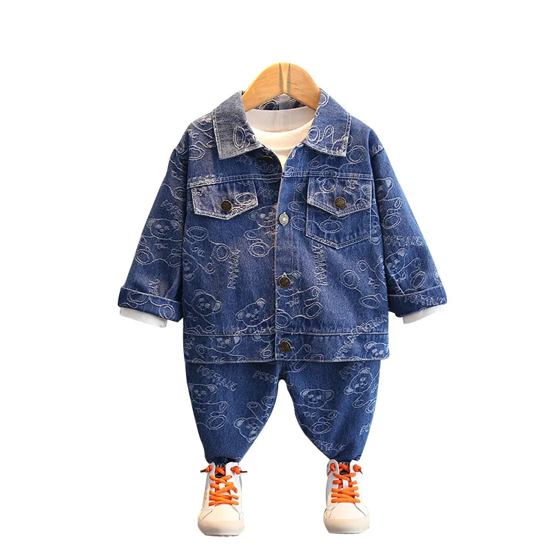 2022 New Kid Boys Clothing Denim Set Jacket+Pants Fashion Coats Cartoon Bear Printed Denim Jackets Toddler Baby Boys' Trousers