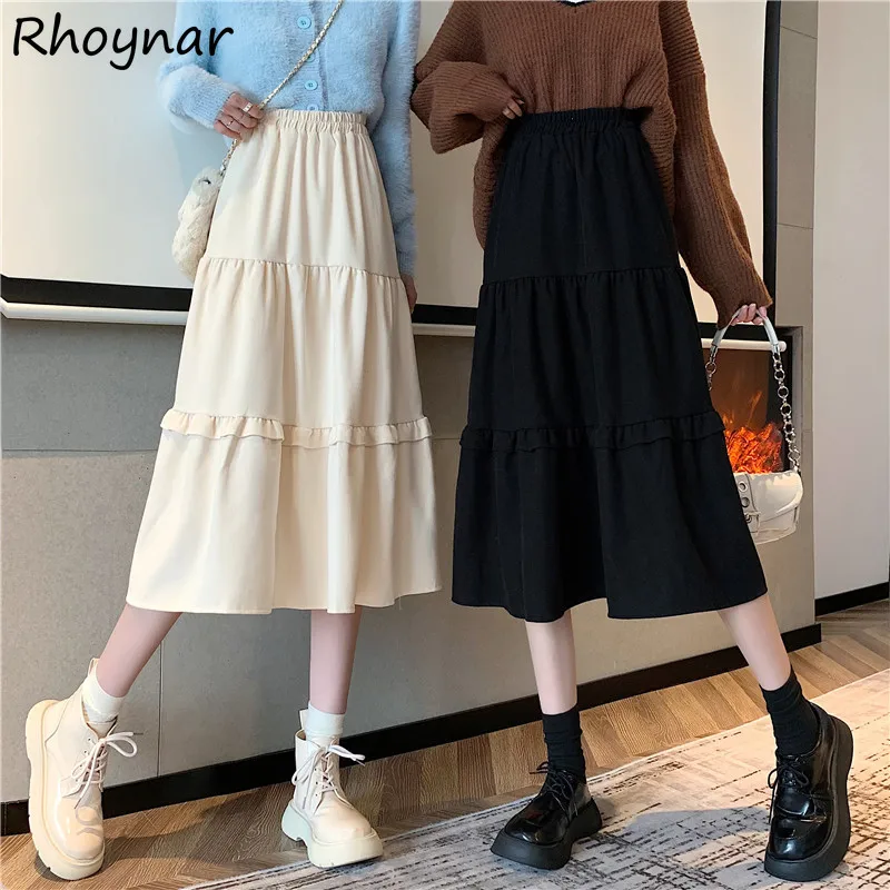 

Mid-calf Skirts Women Winter Sweet A-line All-match College Vintage Solid Fashion Folds Loose Tender Popular Teen Girls Empire