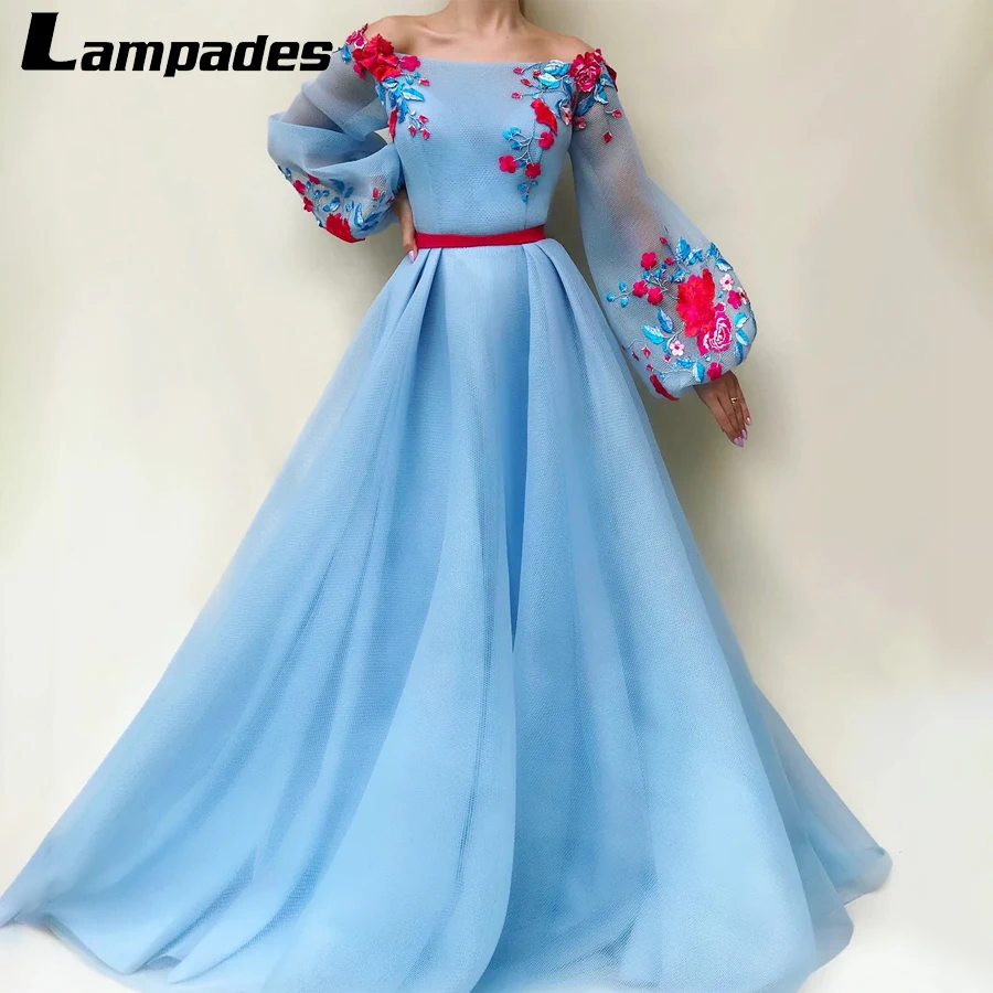 

Off the Shoulder Handmade Embroidered Red Flowers And Belt Blue Mesh Net Prom Dress Long Sleeves Evening And Party Dress