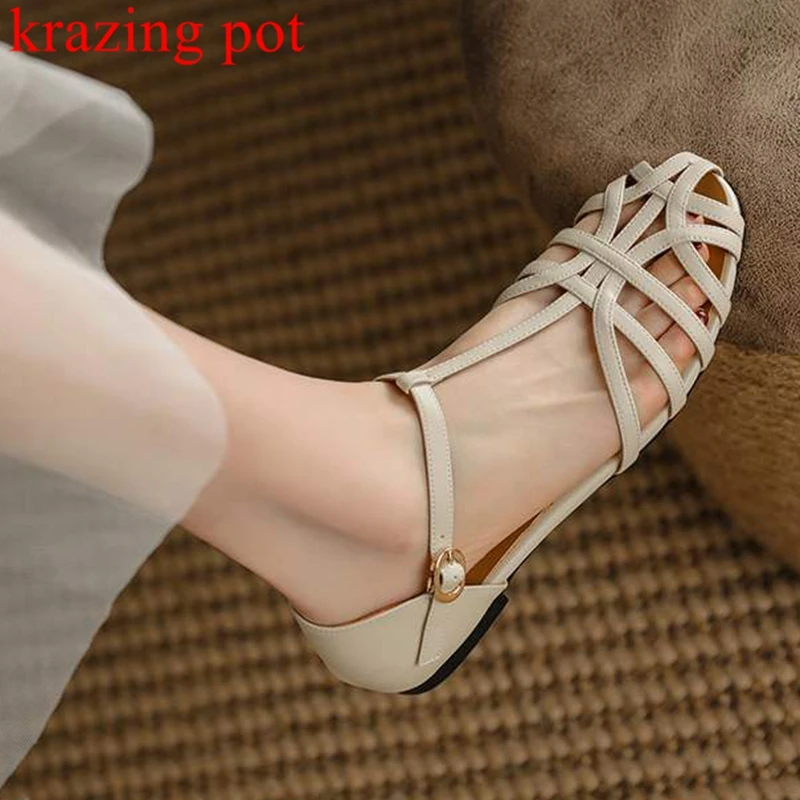 

Krazing Pot cow leather round toe hollow out flat with Bohemian resort style buckle straps weaving gladiator chic sandals women