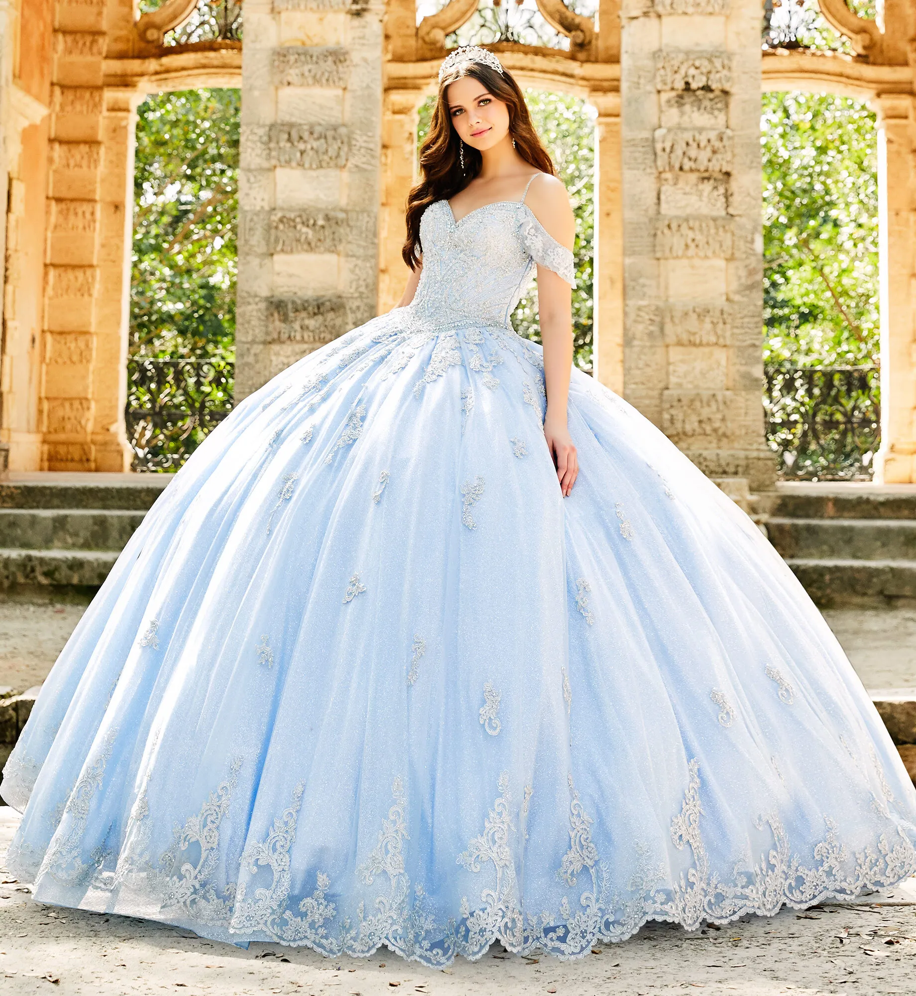 

Sky Blue Quinceanera Dresses Ball Gown Off The Shoulder Tulle Appliques Puffy Mexican Sweet 16 Dresses Charro 15 Anos