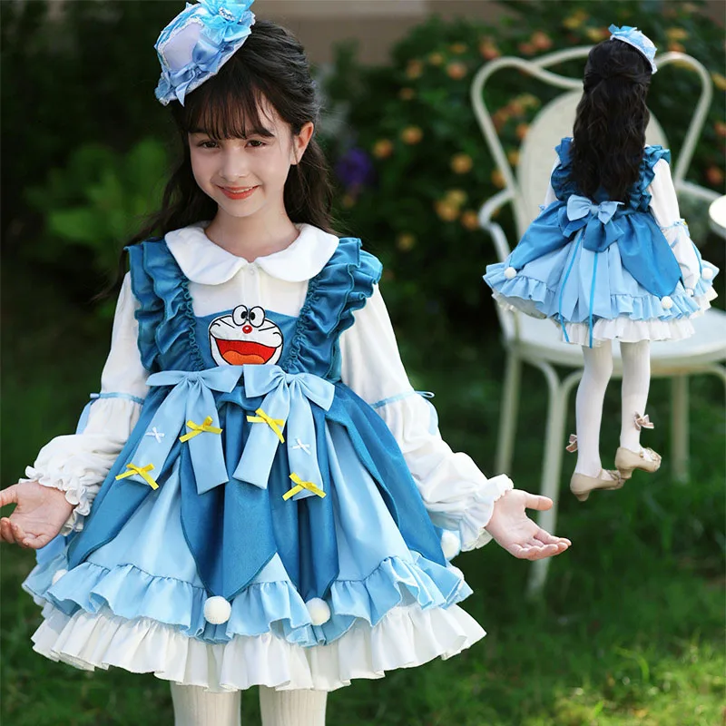 

New 2Pcs Doraemon Lolita Princess Dress Kawaii Anime Winter Christmas Velvet Fluffy Skirt Children's Role-Playing Birthday Gifts