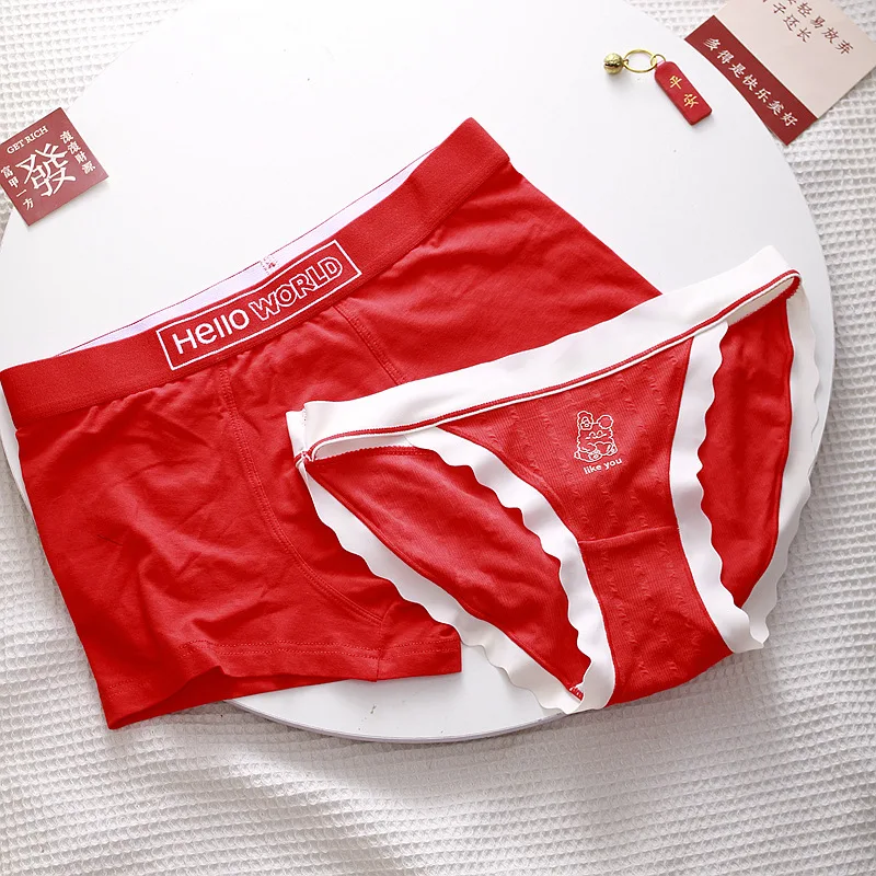 2023 Bright Red Lovers Underwear for Wedding New Year Underwear Sexy Boxers Men and Women Briefs Matching Panties 2 Pcs/set