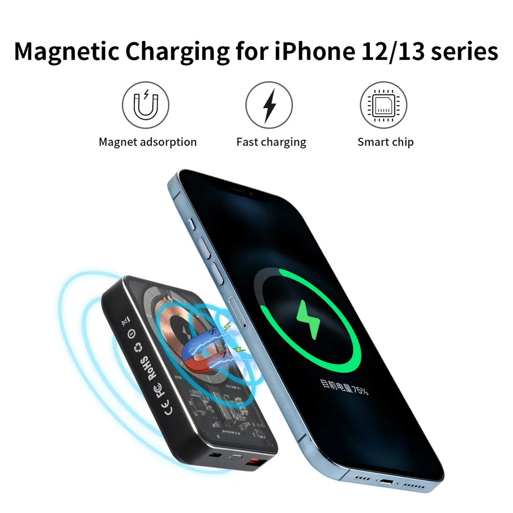 10000mAh 22,5 W Power Bank Schnelle Magnetische Drahtlose Ladegeräte Für iPhone 13 12 11 Pro Max magsafe Xiaomi PD 20W transparent stil