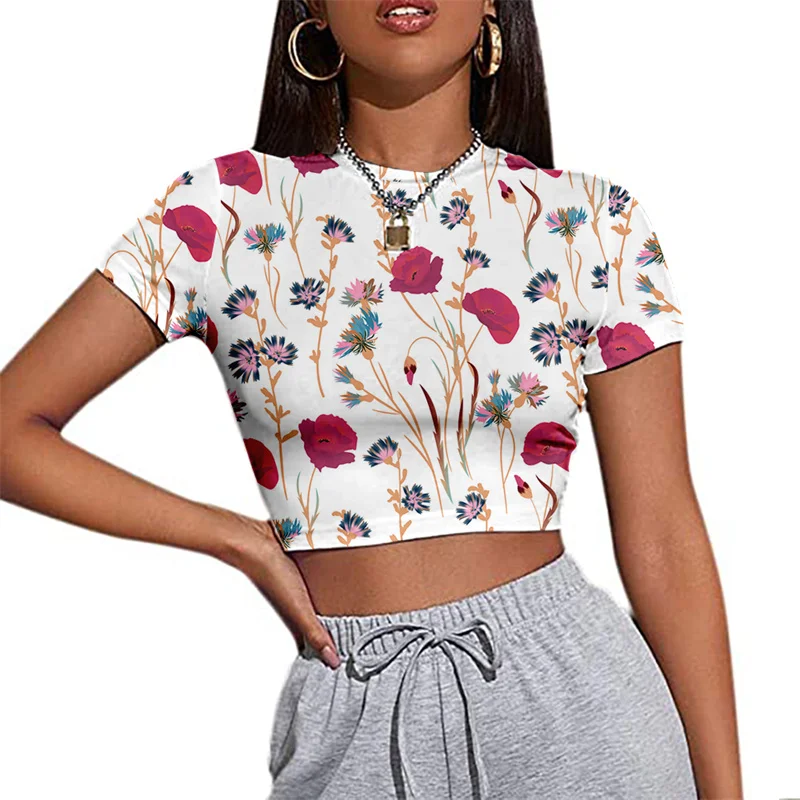 

Summer Women Top Sexy Midriff-baring T-shirt Sling Crop Short Sleeve Casual Clothes Print Comfortable Simple Style