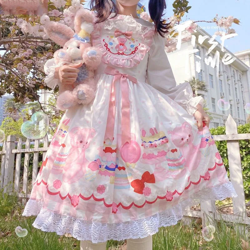 

2022 японское женское милое платье принцессы в стиле "Лолита" кавайное милое платье без рукавов с бантом и оборками с мультяшным принтом в сти...