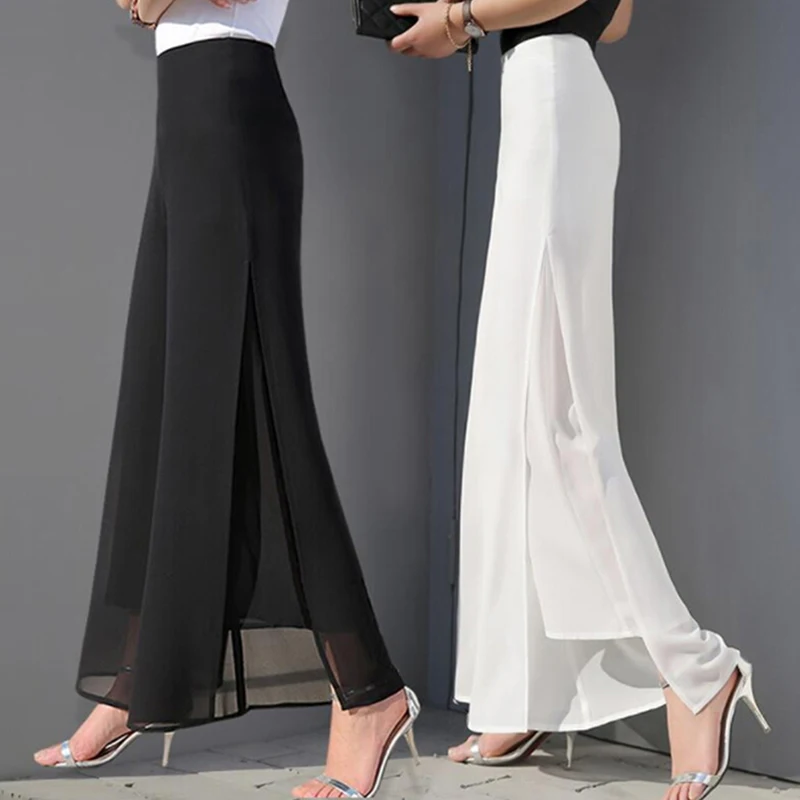 

2023 Chiffon Culottes High-Waisted Trousers L Skirt Gauze Loose Shuai Ku Straight Casual Pants Slit Wide Leg Pants Female