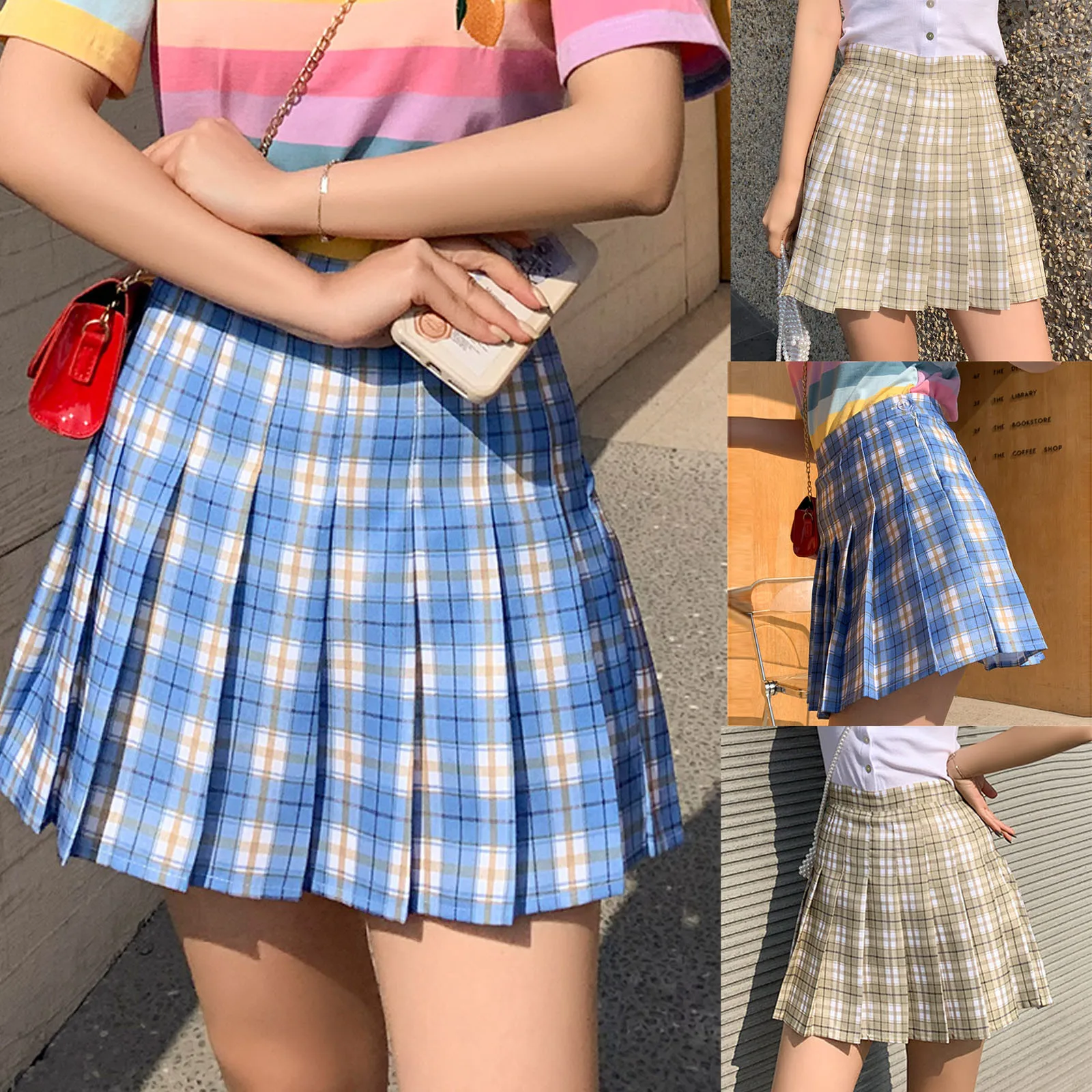 

Women Fashion High Waist Pleated Slim Lattice A-line Skirt