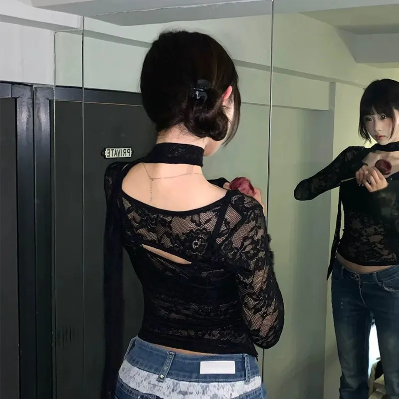 Genayooa Harajuku Кружевная футболка Женские укороченные топы на шнуровке Y2k Винтажные