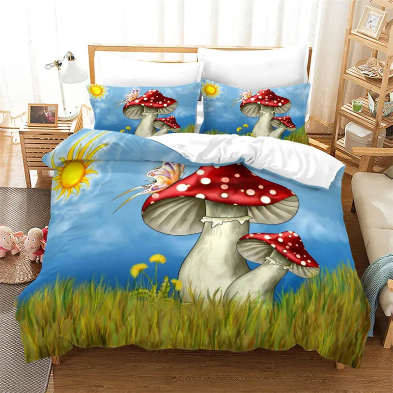 

Full King For Teen Boys Girl Kids Kawaii Botanical Plant Quilt Cover Mushroom Duvet Cover Colorful Cute Cartoon Bedding Set
