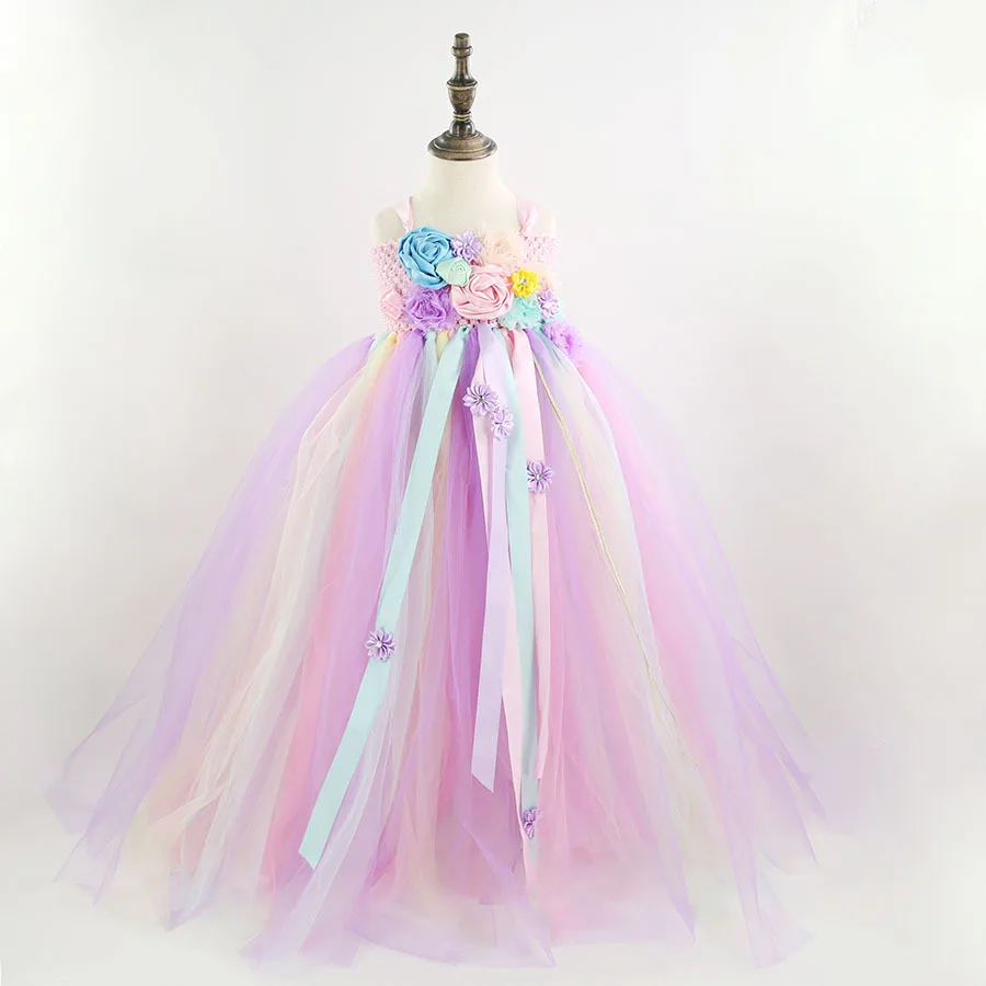 Girls Pastel Unicorn Flower Tutu Dress Kids Crochet Tulle Strap Ball Gown with Daisy Ribbons Children Party Costume |