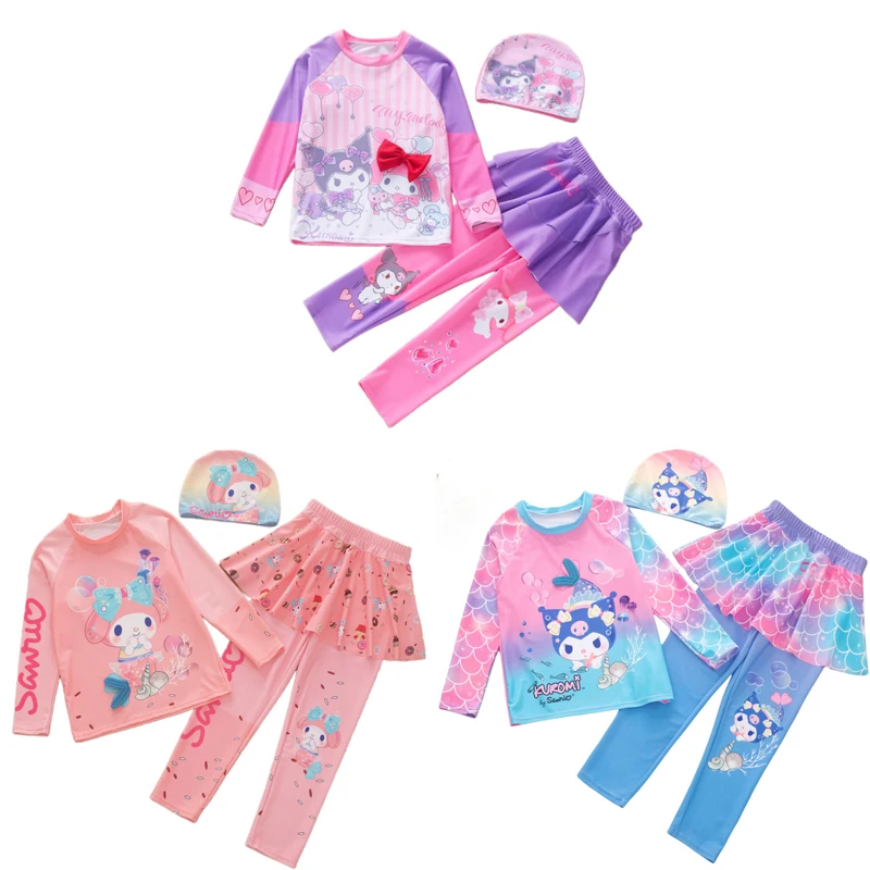 Фото Детский слитный купальник Kawaii Kuromi My Melody из мультфильма аниме Sanrio с милым сердечком для девочки среднего и старшего возраста №1