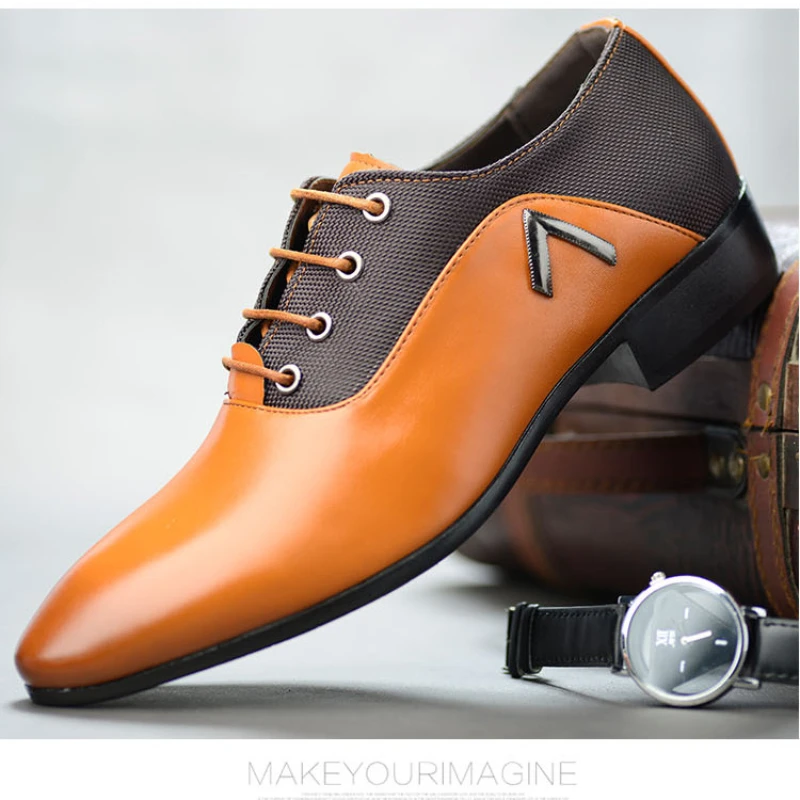 Мужские классические деловые туфли коричневые кожаные с острым носком большие