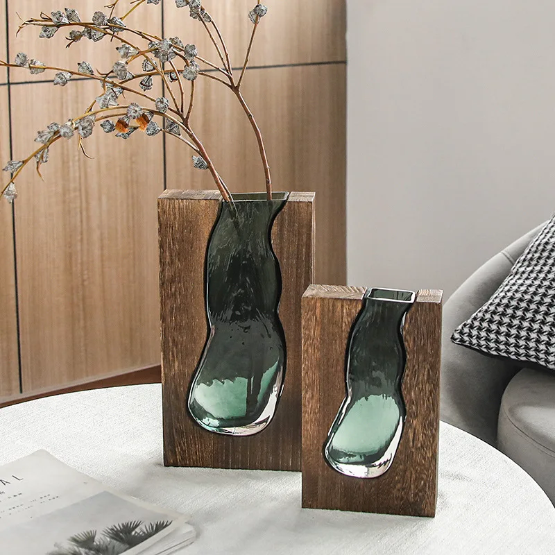 

Nordic Solid Wood Glass Vase Home Decoration Hotel Board Room Decoration Flower Arrangement Table Decoration Living Room