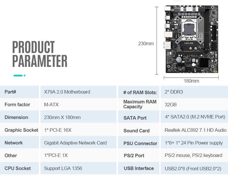 Материнская плата X79 LGA 1356 ЦП поддержка DDR3 REG ECC ОЗУ Intel Xeon E5 v1 & v2 процессор M.2