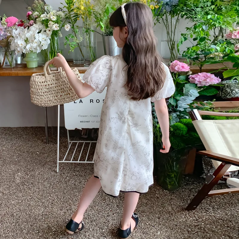 sukienka dla dziewczynki spódnica dziecięca dziewczęca z tuszem 2024 nowy chiński styl narodowy Retro dziewczyny letnie sukienki moda lato