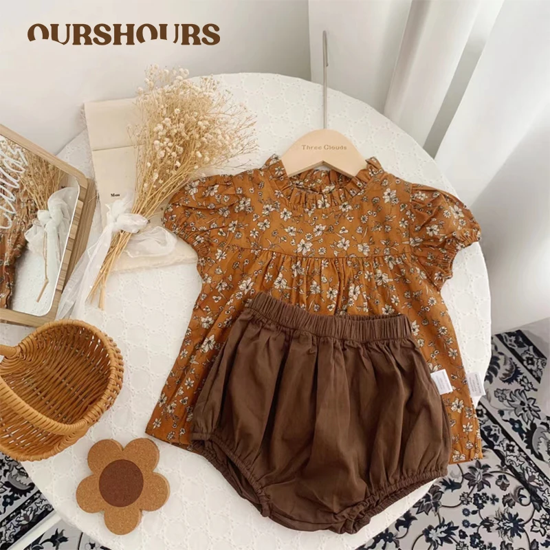 

Kids Baby Girls Retro Floral Fashion Set Comfortable Puff Sleeves T-shirt Top And Loose Cotton PP Shorts 2pcs Toddler Clothing