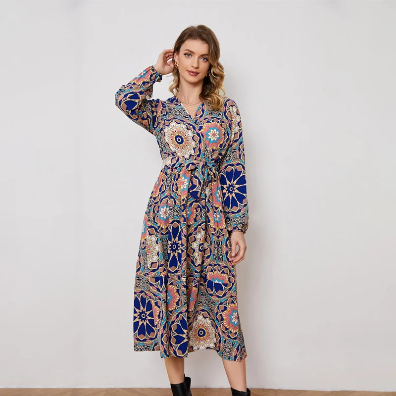 

Women's printed long-sleeved dress 2023 new fashion casual elegant V-neck lace up vintage flower skirt