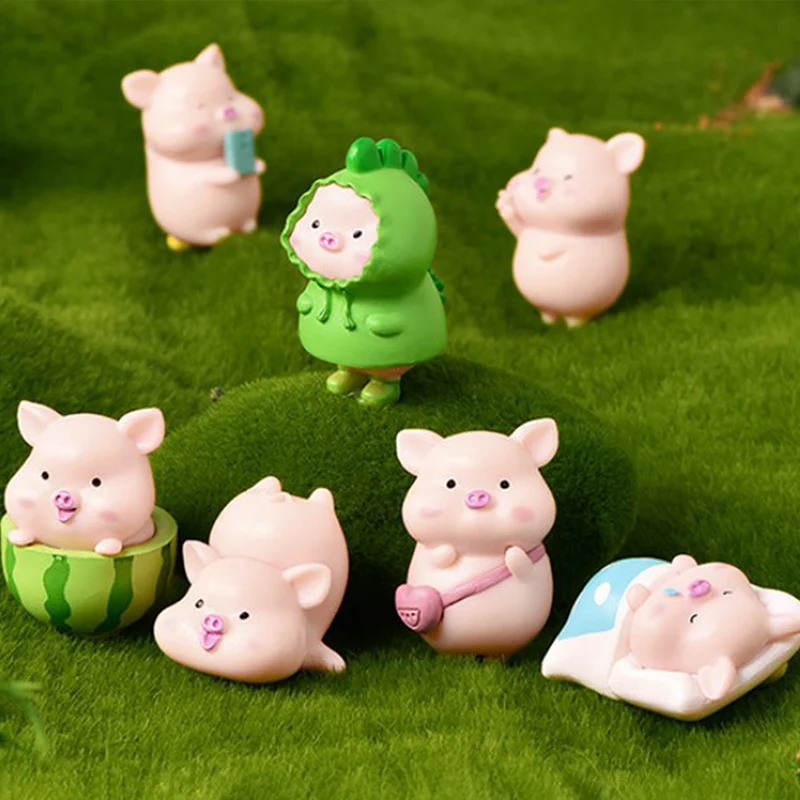 

7pcs Cartoon Pig Animal Doll Toy Model Kawaii Resin Pig Statue Figurine Ornament Micro Landscap Dollhouse Miniatures Home Decor