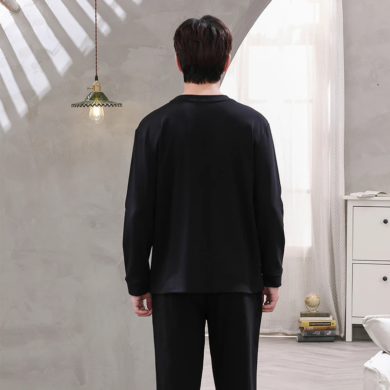 QUHENG Cotton Autumn And Winter Men's Round Neck Long-sleeved Suit Youth Cartoon Calf Alphabet Simple 2-pieces Cartoon Sleepwear