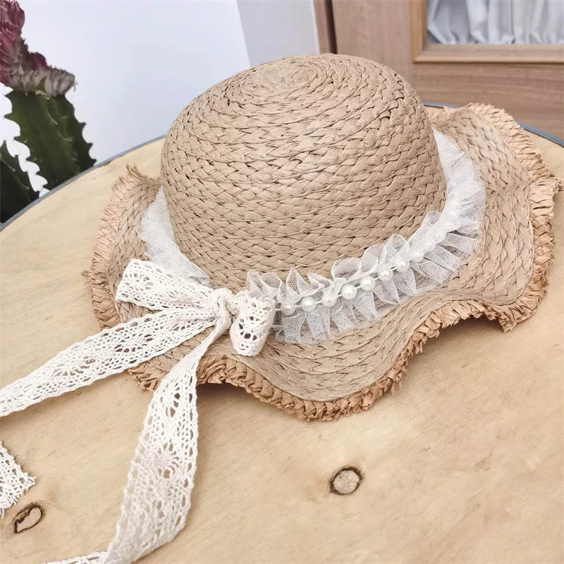 

Girls Sun Hat Summer Women's Hat Baby Child Kids Straw Summer Hat Beach Sun Protetcion Bowknot Pearl Luxury Cute Girl Hat Sumemr