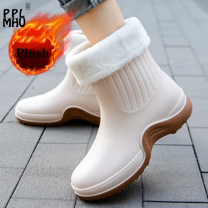 

Модные резиновые повседневные рабочие ботинки без шнуровки, зимние теплые короткие плюшевые утепленные водные ботинки, корейские Нескольз...