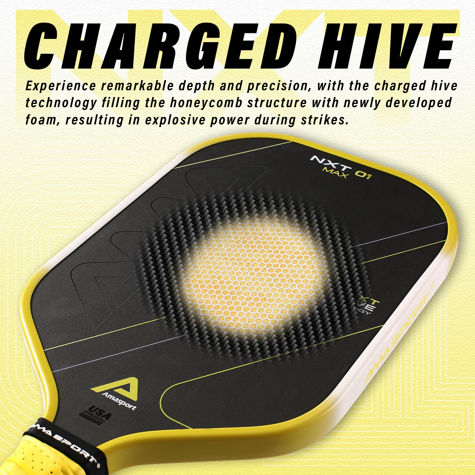 NXT01 MAX Charged Surface Technology Pickleball Paddle — полностью закрытое углеродное волокно для 16 мм