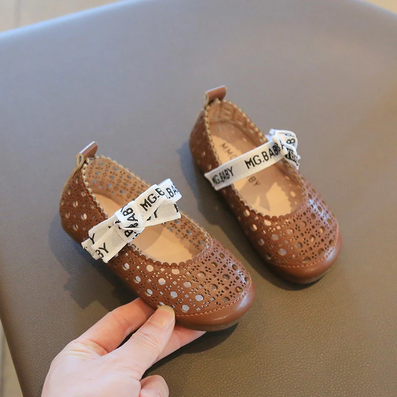 Летние дышащие детские туфли на плоской подошве для девочек с узлом-бабочкой и