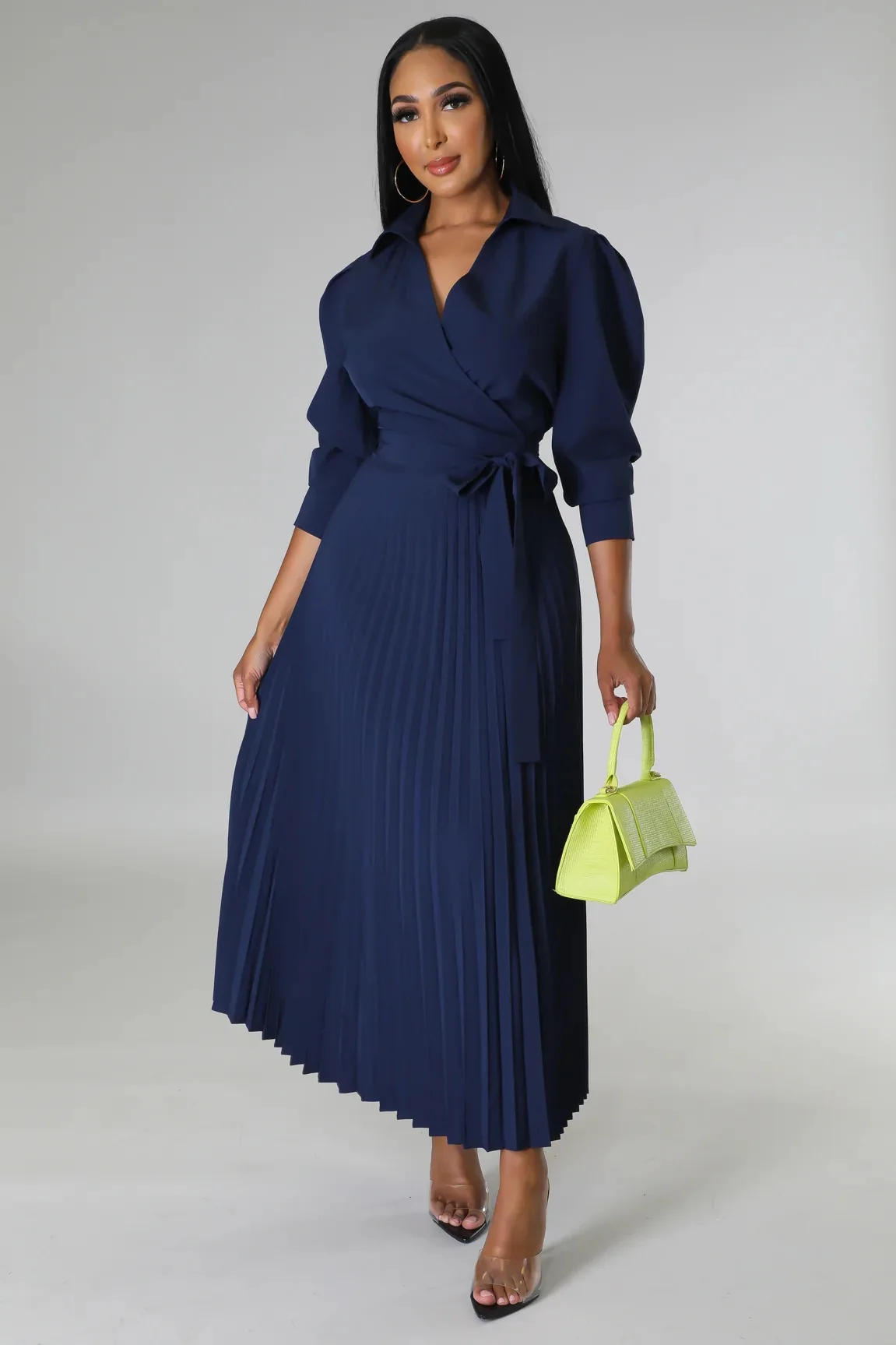 

Spring/Summer 2023 Long Sleeve Polo Neck and High Waist Fashion Pleated Women Dress