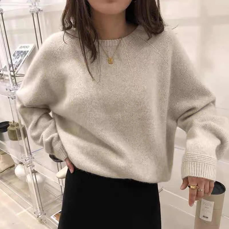 

Autumn Winter Cashmere Sweater Women Round Neck Casual Sweater Loose Long Sleeve Vintage Pullovers Harajuku Outwear