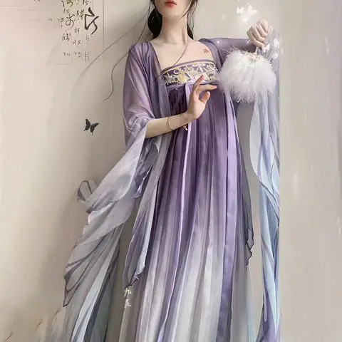 Hanfu Фиолетовая бабочка с большими рукавами Древний стиль Hezi Юбка Древний костюм Повседневный летний комплект с вышивкой Супер вышитый комплект Hanfu