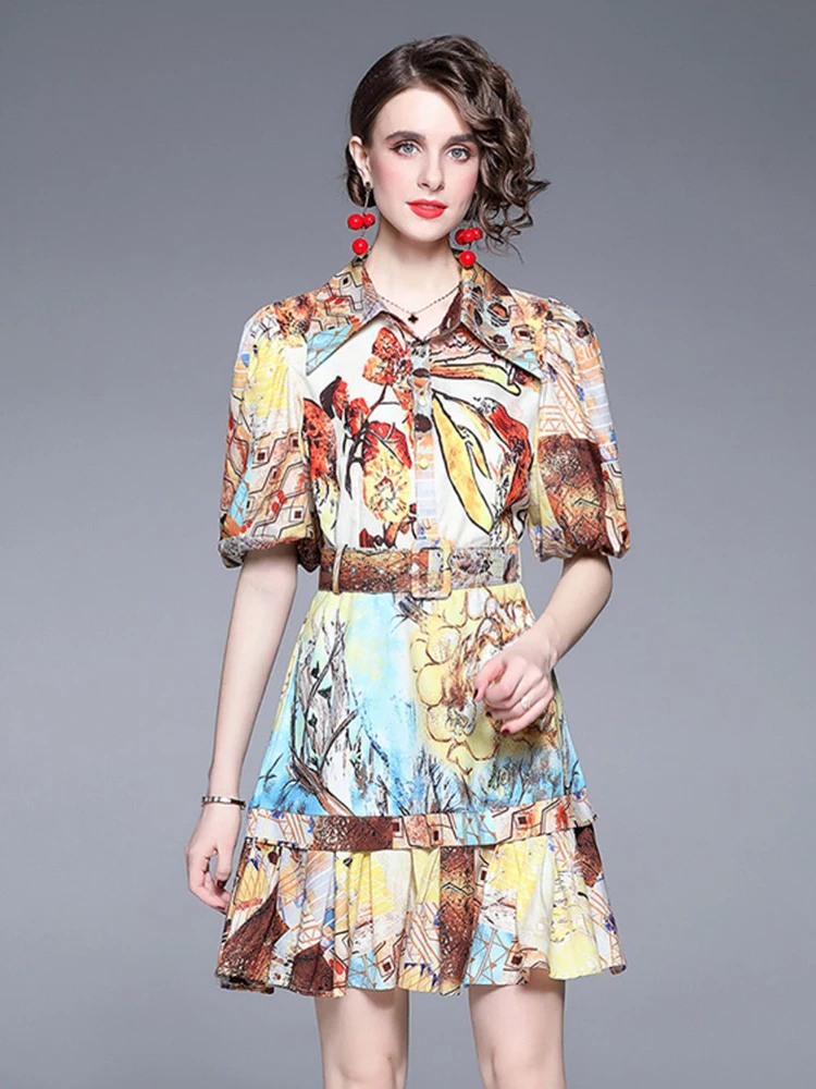 

New 2022 Summer Fashion Mini Dress Women's Turn Down Neck Puff Sleeve Oil Painting Vintage Print Belt Short Party Vestidos S8189