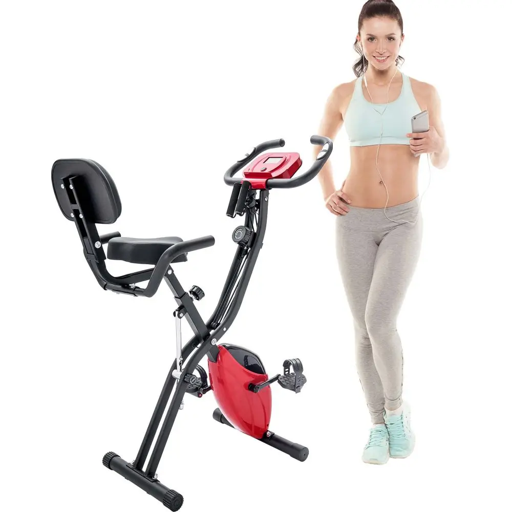 

Folding Exercise Bike, Fitness Upright and Recumbent X-Bike with 10-Level Adjustable Resistance, Arm Bands and Backrest 5 Colors