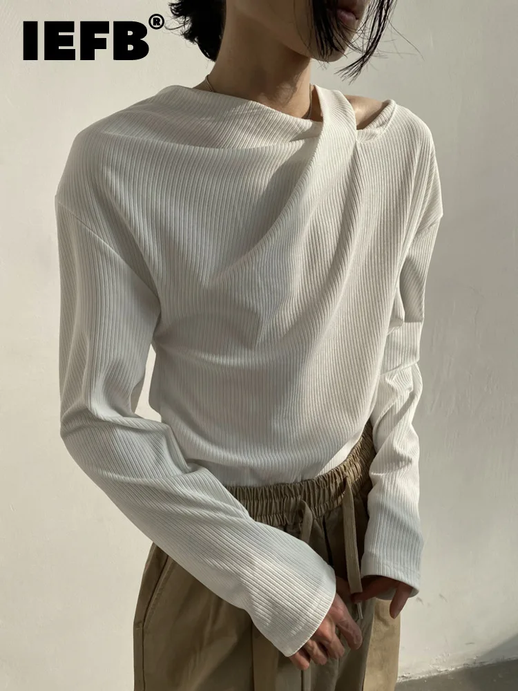 

Мужская футболка с длинным рукавом IEFB, индивидуальная нишевая Асимметричная декольте в полоску, Новинка осени 2022, модная футболка 9A1565