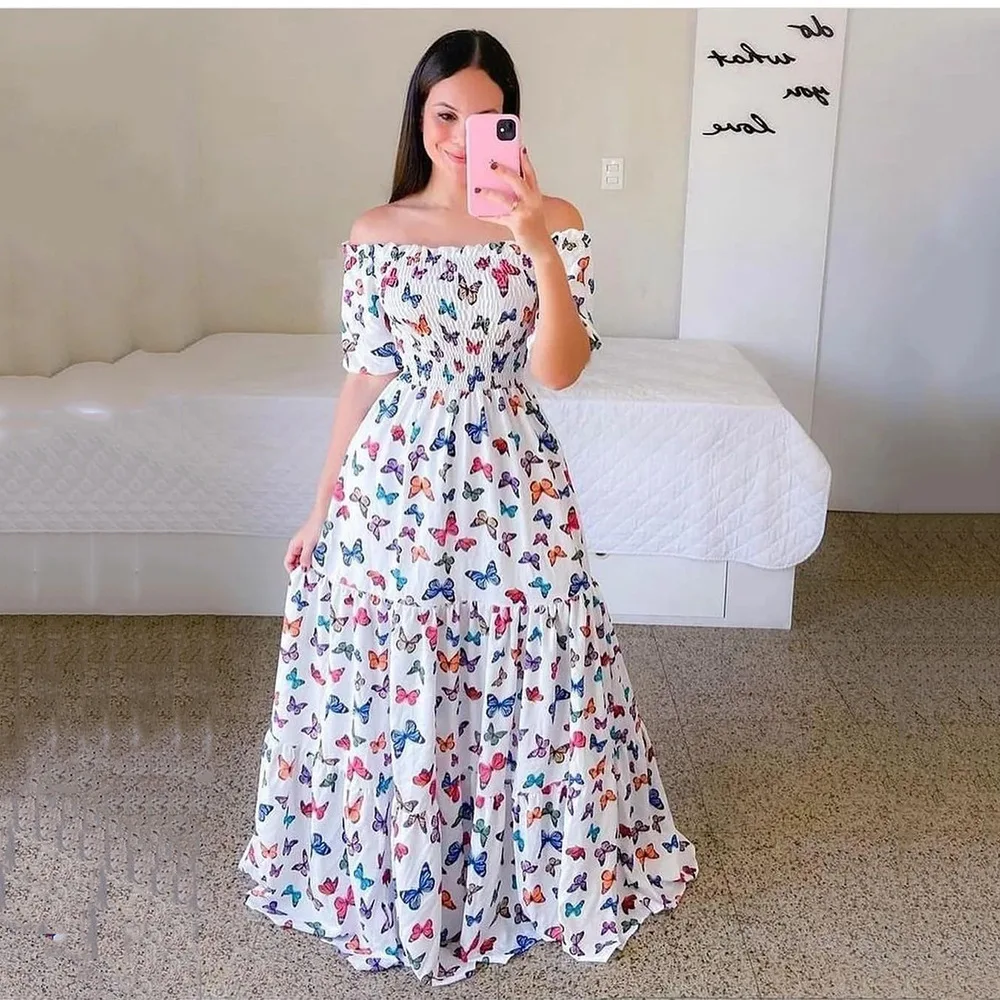 

Women Clothes 2023 New Straight Shoulder Sleeveless Fashion Floral Printed Long Dresses Multi-Colored Office Lady Boat Neck