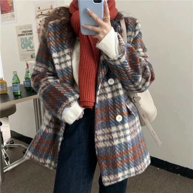 

Elegant Woolen Coat Women Turn-Down Collar Full Sleeve Loose Jacket Women Autumn Korean Fashion Plaid Woolen Coats Female LD2848