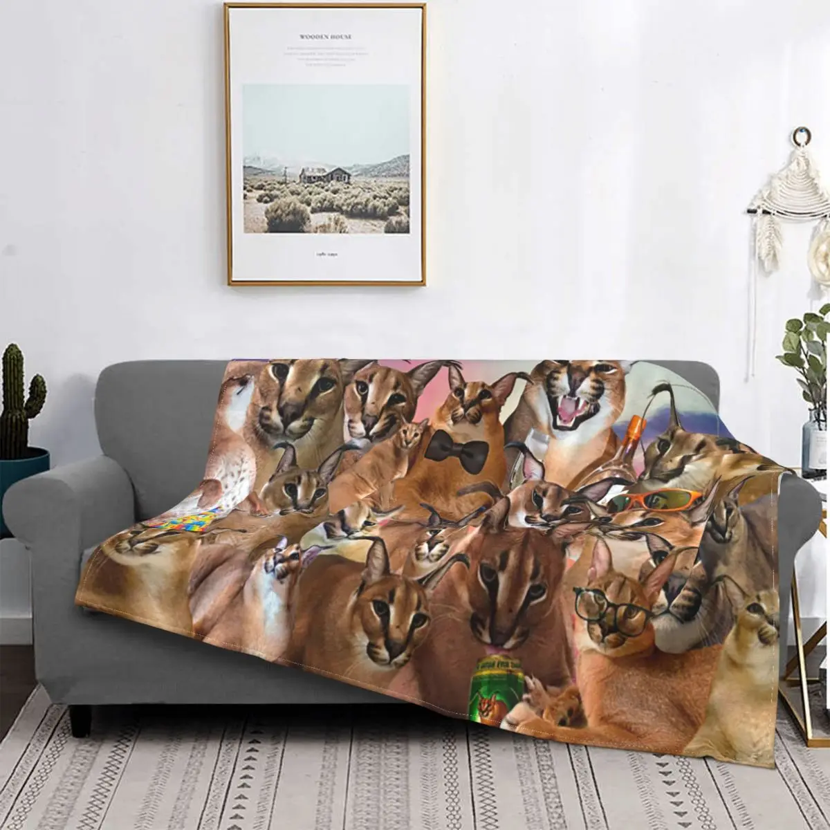 

Funny Caracal Cat Floppa Meme Blanket Sofa Cover Fleece Print Cute Animal Portable Soft Throw Blanket for Sofa Bedroom Quilt