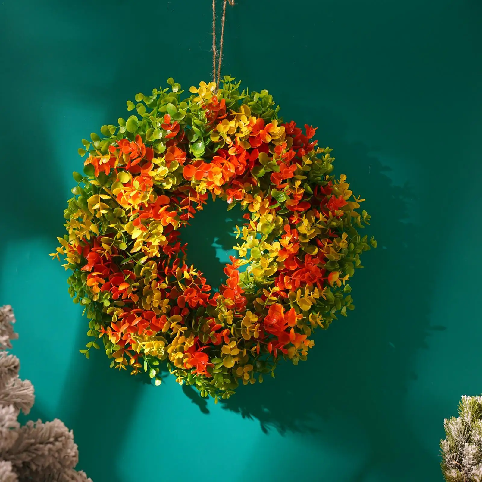 

Autumn Harvest Front Door Wreath Artifial Fall Orange Yellow Eucalyptus Leaves Rustic Farmhouse Wall Hanging Garland Party