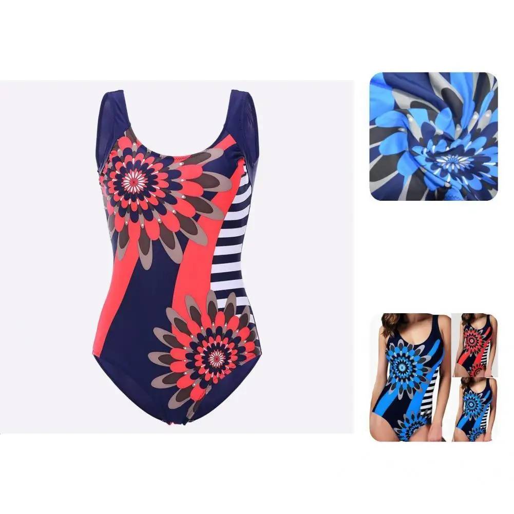 

U-neck Wide Shoulder Straps Lightweight Flower Print One Piece Swimwear Bodysuit Swimsuit for Swimming Pool