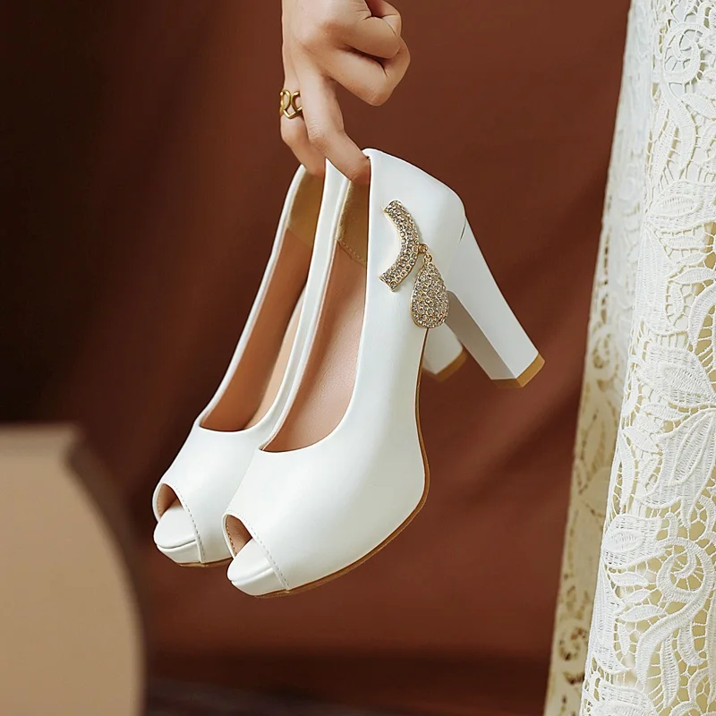 

Женские свадебные туфли-лодочки YQBTDL, блестящие босоножки с украшением из стразов, обувь с открытым носком без застежек на высоком каблуке, цвет белый/розовый